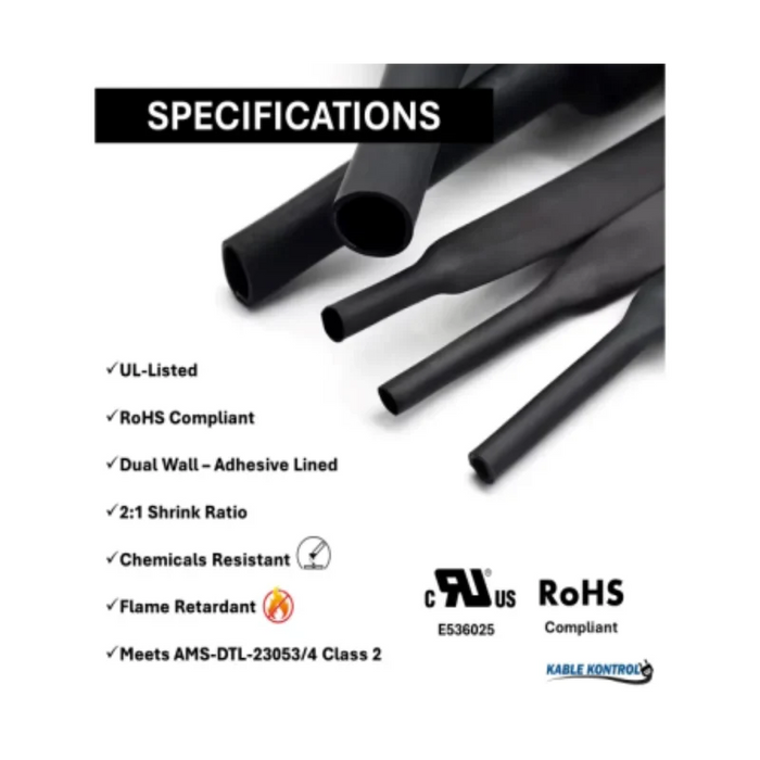 Heat Shrink Tubing - 1/4" ID - 2:1 Ratio - Adhesive Lined Dual Wall Polyolefin - Flexible - Flame Retardant - Black -  M23053/4-201-0