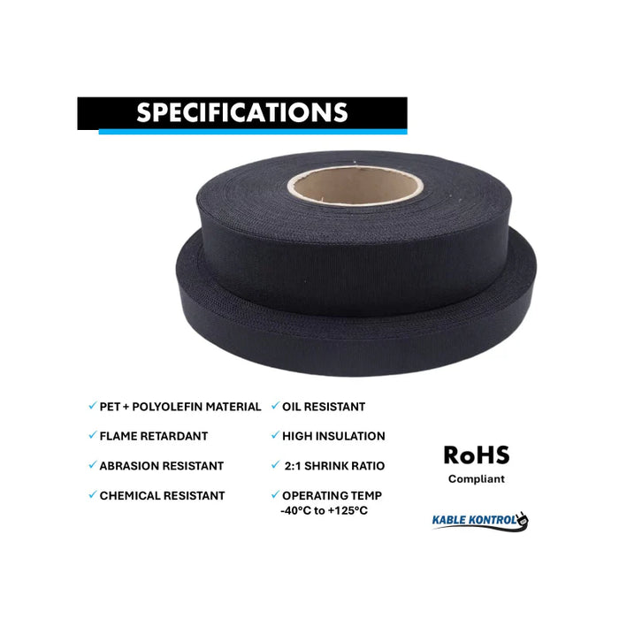 Fabric Heat Shrink Tubing - 3/4" ID - 2:1 - Polyolefin / Polyester Yarns - Flame Retardant - Black