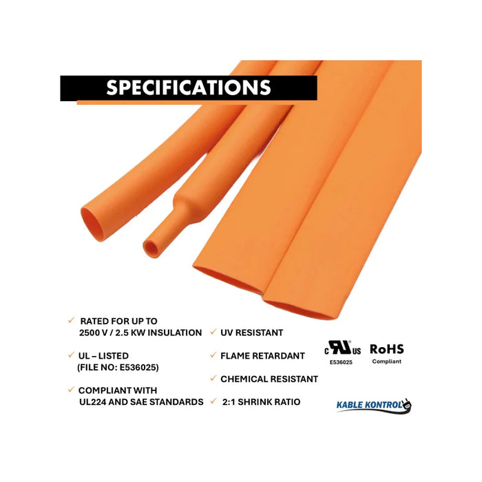 Heat Shrink Tubing - 1/4" ID - 2:1 - Polyolefin - EV High Voltage - Flame Retardant - Orange