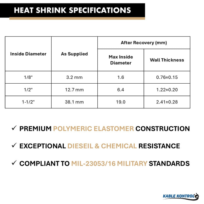 Diesel Resistant Heat Shrink Tubing - 1/8" ID - 2:1 - Single Wall- Flame Retardant - Black