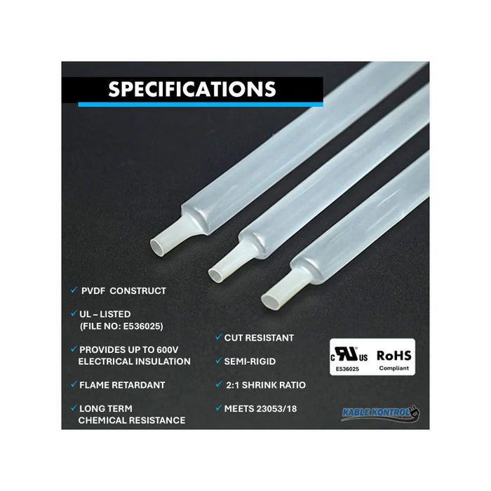 Heat Shrink Tubing - 1/8" ID - 2:1 - Single Wall PVDF - Flame Retardant - clear