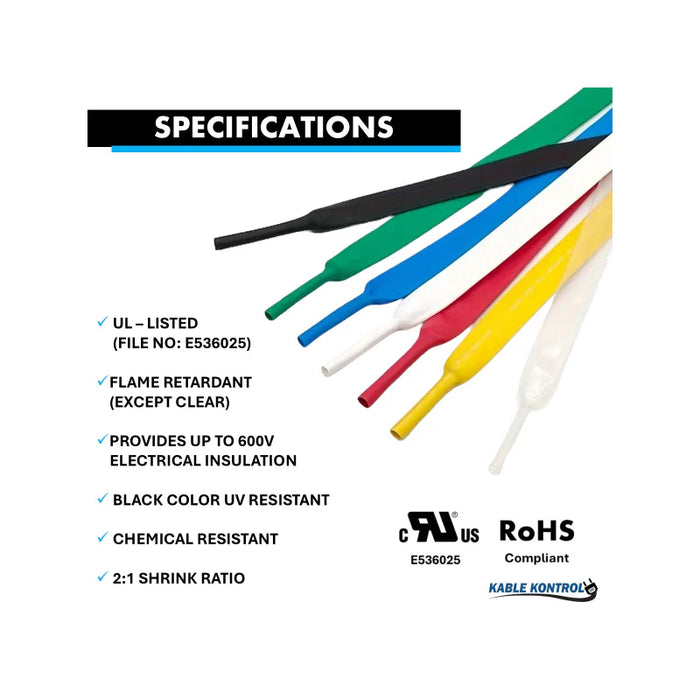 Heat Shrink Tubing - 3/16" ID - 2:1 Ratio - Single Wall Polyolefin - Flexible - Flame Retardant - Yellow/Green