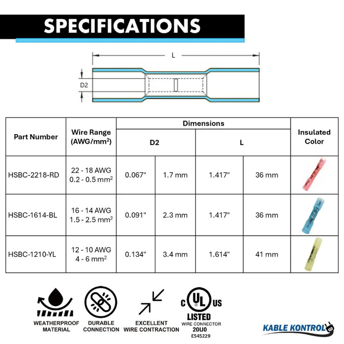 Heat Shrink Butt Splice Connector - Dual Wall - Insulated -  16 - 14 - AWG - 100 Pcs - Blue