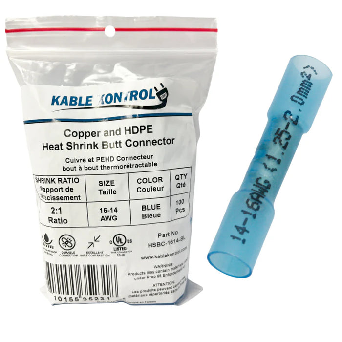 Heat Shrink Butt Splice Connector - Dual Wall - Insulated -  16 - 14 - AWG - 100 Pcs - Blue
