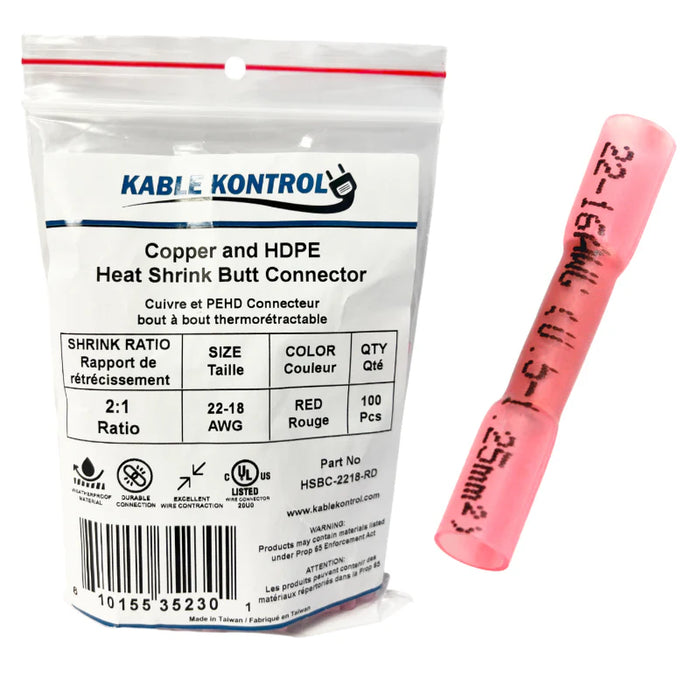 Heat Shrink Butt Splice Connector - Dual Wall - Insulated -  22 - 18 AWG - 100 Pcs - Red