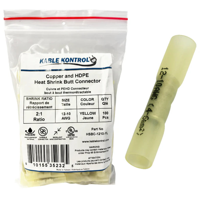 Heat Shrink Butt Splice Connector - Dual Wall - Insulated -  12 - 10 - AWG - 100 Pcs - Yellow