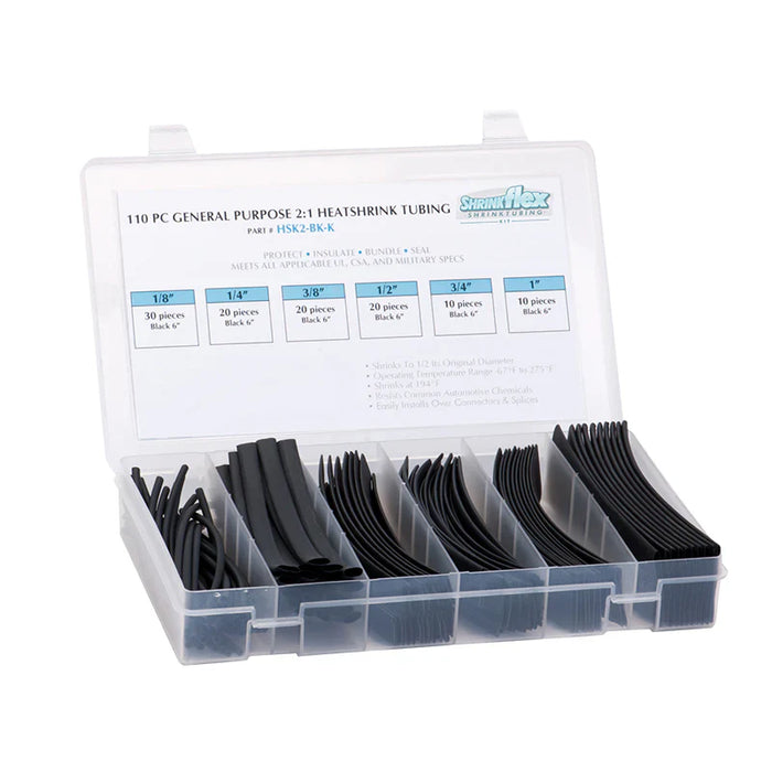 2:1 Heat Shrink Tubing Kit - 6 sizes - 110 pcs - 6" Long - Black