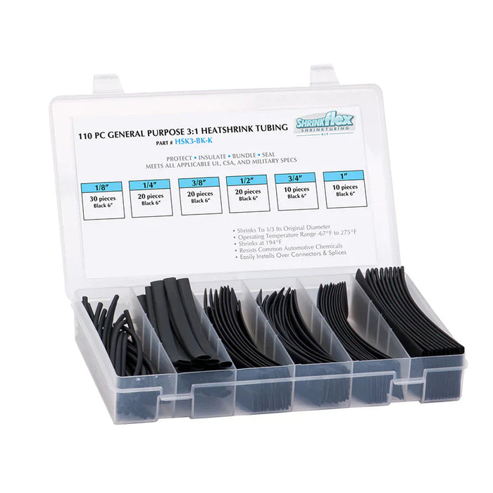 3:1 Heat Shrink Tubing Kit - 6 sizes - 110 pcs - 6" Long - Black