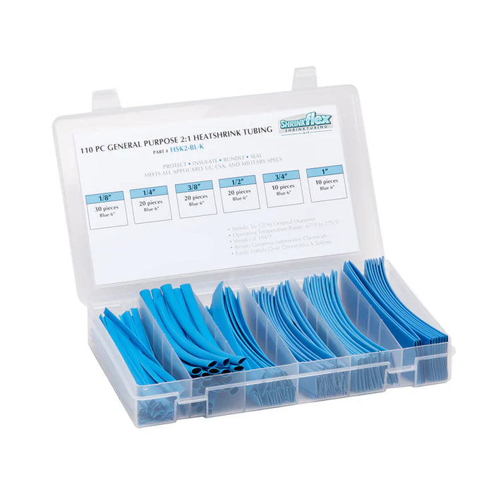 2:1 Heat Shrink Tubing Kit - 6 sizes - 110 pcs - 6" Long - Blue