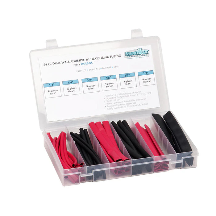 3:1 Small Heat Shrink Tubing Kit - 6 sizes - 54 pcs - 6" Long - Black / Red