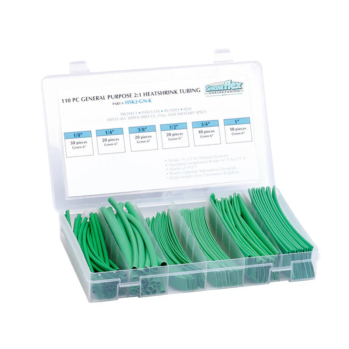 2:1 Heat Shrink Tubing Kit - 6 sizes - 110 pcs - 6" Long - Green