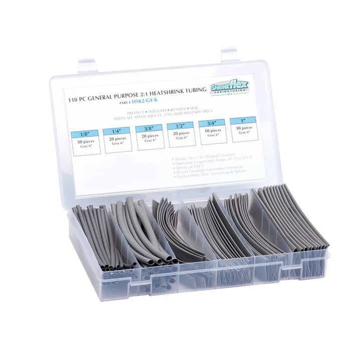 2:1 Heat Shrink Tubing Kit - 6 sizes - 110 pcs - 6" Long - Gray