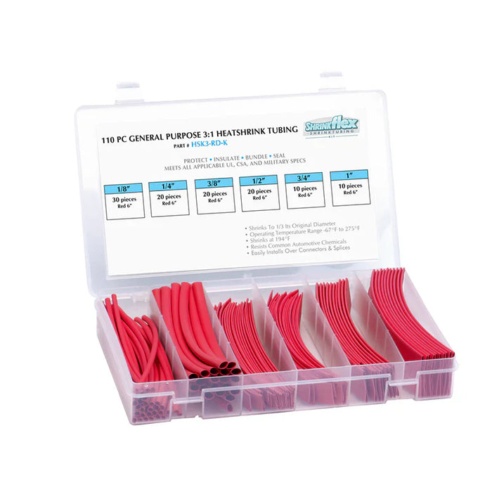 3:1 Heat Shrink Tubing Kit - 6 sizes - 110 pcs - 6" Long - Red