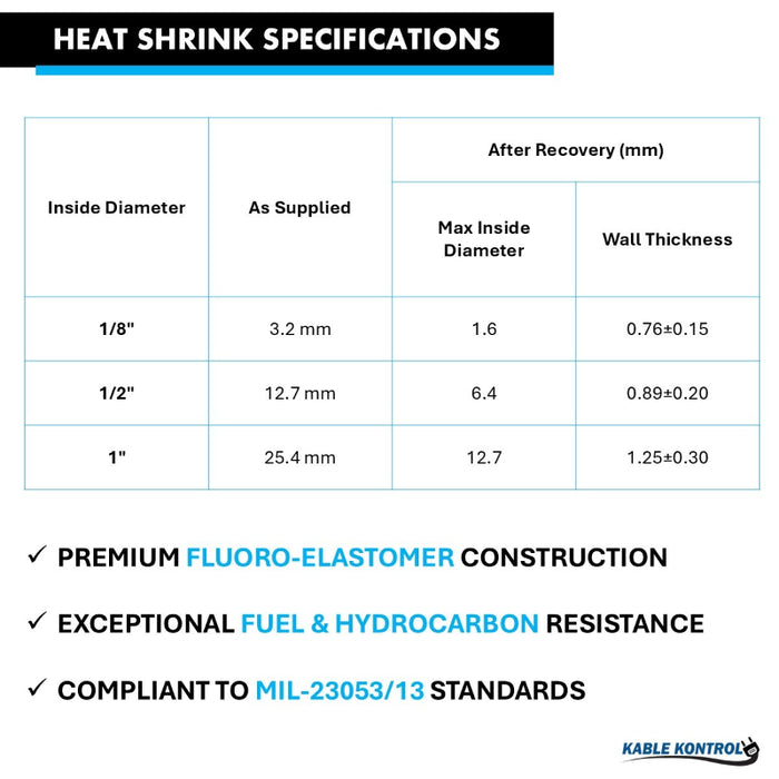 Heat Shrink Tubing - 1/8" ID - 2:1 - Single Wall Viton - Flame Retardant - Black